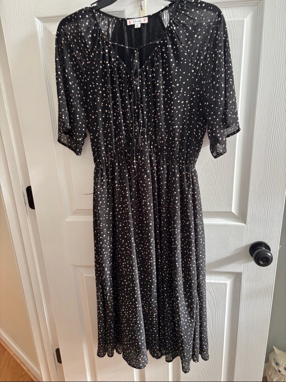 Black Polka Dot Midi Dress with Tie Neck